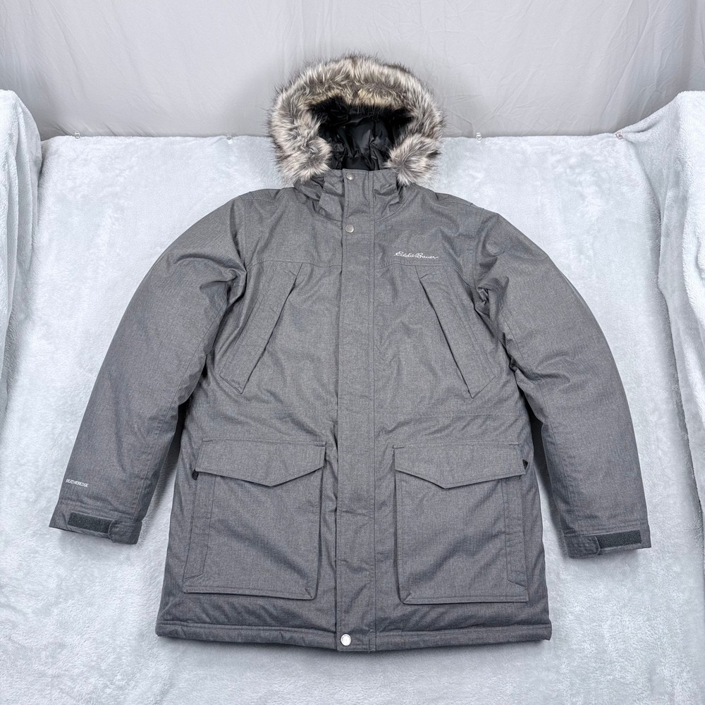 Eddie Bauer WeatherEdge Down Parka Mens Large Gray Waterproof Fur Hood Jacket